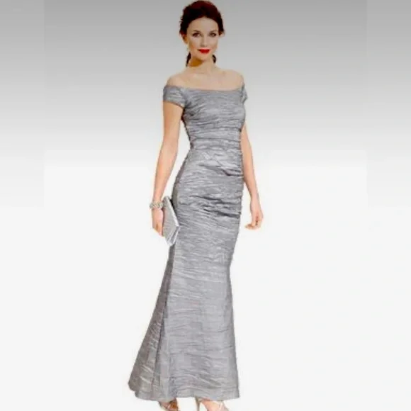 Alex Evenings Womens Shimmer Off-The-Shoulder Formal Dress Gray 14